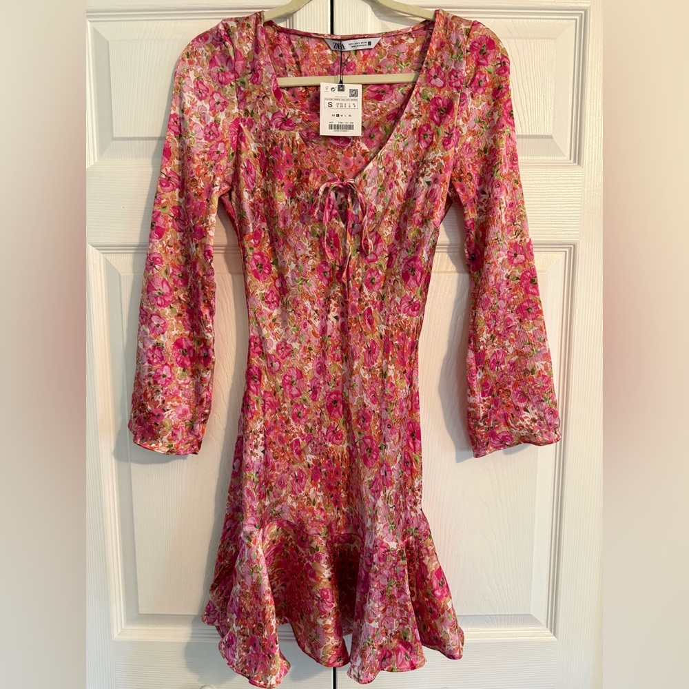 Zara Pink Floral Mini Tie-Front Dress